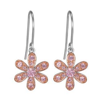 18k Rose Gold Plated Sterling Silver Two Tone Pink Simulated Diamond Floral Dangle Wire Earrings Jewelry