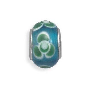 Sterling Silver Aqua Glass Bead with Green and White Floral Design Forza Jewelry Jewelry