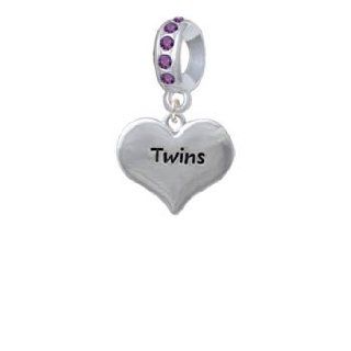 Twins Heart with Two Pair of Baby Feet Amethyst Crystal Charm Bead Dangle Delight Jewelry Jewelry