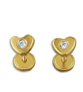 14K Yellow Gold White CZ Diamond Small Heart Screw back Earrings Jewelry