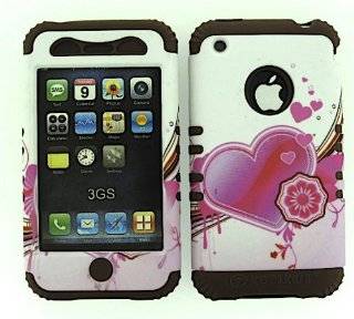 3 IN 1 HYBRID SILICONE COVER FOR APPLE IPHONE 3G 3GS HARD CASE SOFT BROWN RUBBER SKIN HEARTS CF TE282 KOOL KASE ROCKER CELL PHONE ACCESSORY EXCLUSIVE BY MANDMWIRELESS Cell Phones & Accessories