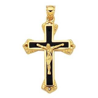 14K Real Yellow Gold Black Onyx Crucifix Cross Pendant Charm Jewelry