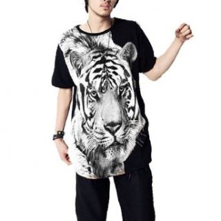 Men Short Sleeve Round Neck Tiger Print Pullover Shirt Black XS Clothing