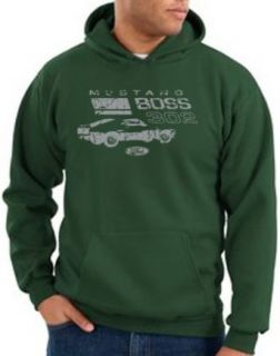 Ford Distressed Mustang Hoodie   Boss 302 Mens Hooded Sweat Shirt   Dark Green Clothing