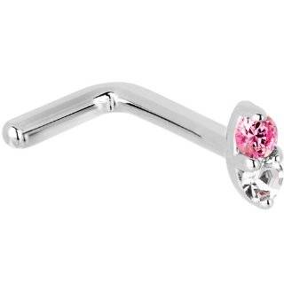 18 Gauge L Shaped   14K White Gold 1.5mm Genuine Pink Sapphire Diamond Marquise Nose Ring Jewelry