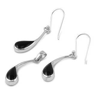 Sterling Silver Onyx Fancy Twisted Tear Drop Earring & Necklace Set Jewelry
