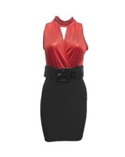 Red Black Shiny Metallic Cut Out Sleeveless Dress Elastic Belt Clothing