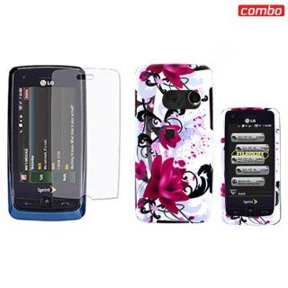 LG Rumor LN510 Combo Red Flower on White Protective Case Faceplate Cover + LCD Screen Protector for LG Rumor LN510 Cell Phones & Accessories