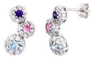 Sterling Silver Graduated Flower Earrings w/ Brilliant Cut Amethyst colored, Pink Tourmaline colored & Blue Topaz colored CZ Stones, 3/4 inch (19 mm) tall Jewelry