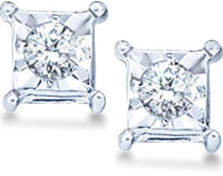 10k White Gold Round Cut Diamond in Princess Square Cut Stud 4 Prong Setting Earrings   4mm Height * 4mm Width (.05 cttw) Jewelry
