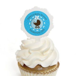 Boy Baby Carriage   12 Cupcake Picks & 24 Personalized Stickers   Baby Shower Cupcake Toppers Toys & Games