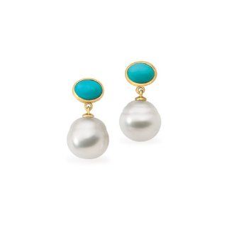 14K White Gold   South Sea Cultured Pearl & Genuine Turquoise Earrings Jewelry