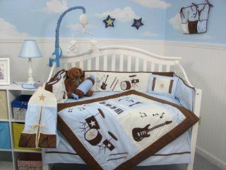 SoHo Blue and Brown Rock Band Baby Crib Nursery Bedding Set 13 pcs included Diaper Bag with Changing Pad & Bottle Case  Crib Bedding Music  Baby