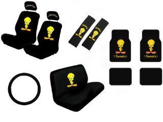 15 Piece Auto Interior Gift Set   Tweety Bird Stars Attitude   A Set of 2 Seat Covers, 1 Rear Bench Cover, 1 Steering Wheel, A Set of 2 Seat Belt Pads, and A Set of 4 Plushhh Carpet Floor Mats Automotive