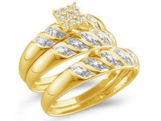 14k Yellow Gold Trio 3 Three Ring Matching Engagement Wedding Ring Band Set   Round Diamonds   Princess Shape Center Setting (.09 cttw, H Color, I1 Clarity)