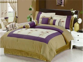 7 Pcs Embroidery Floral Comforter Set Bed In A Bag Queen Beige/Gold/Purple