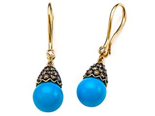 Carlo Viani(R) 7mm Blue Turquoise Earrings with Brown Diamonds in 14k Yellow Gold