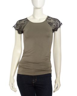 Ruched Lace Sleeve Top, Thyme