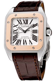 Cartier W20107X7  Watches,Medium Santos 100 Automatic 18k Rose Gold and White Alligator M, Luxury Cartier Automatic Watches