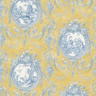  Gold and Blue Pastoral Toile Wallpaper
